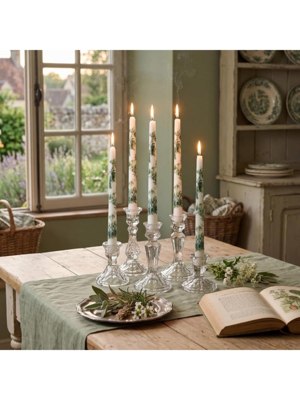 12 Pcs Green Decorative Toile Taper Candles - 10 Inch Elegant Home Decor